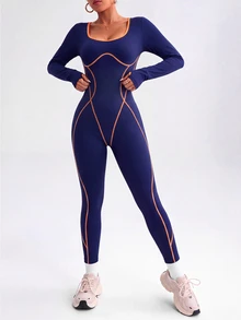 SHEIN Core Rhythm Women's Seamless Dopamine Sexy Line Contrast Color Long Sleeve Long Pants Jumpsuit, Suitable For Sports, Yoga, Workout, Running - Navy Blue - View 6