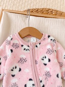 SHEIN 新生兒嬰兒毛絨保暖拉鍊連身長褲 秋季款 - 粉色 - 查看 4