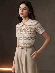 Anewsta 女款時尚復古多色拼接精緻鈕扣短袖針織上衣，條紋上班穿搭上衣，夏季服飾 - 杏色 - 查看 3