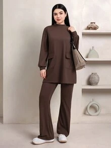 Veilorie Women's Minimalist Long Sleeve Pocket Top And Pants Sports Set - Brown - View 6