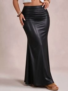 Freevana Plus Size Women Black PU Mermaid Hem Skirt Fall Winter,Party,Vacation,Going Out,Long Skirt,Dating - Black - View 4