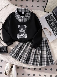 SHEIN 青少年女孩秋季上衣2件套 T恤套裝，復古、寬鬆、針織、休閒、秋季、假日穿搭、舒適 - 黑色 - 查看 1