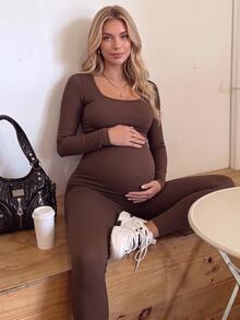 SHEIN طقم رياضي كاجوال للحوامل بلون موحد، توب بأكمام طويلة وسروال ضيق - بني - مشاهدة 4