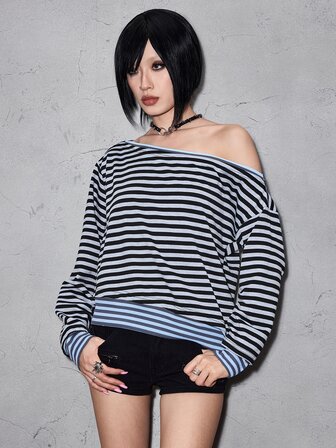 Grunge Punk Women's Striped Black & Gray Contrast Mint Green 2 In 1 Asymmetrical Shoulder Long Sleeve Loose Fit Top