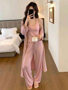 DAZY 女款對比飾邊背心上衣、晨袍與長褲家居服套裝 秋季 - 粉色 - 查看 3