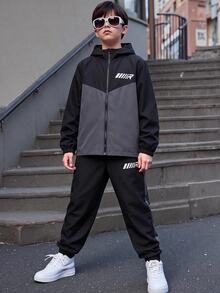 SHEIN 2件組兒童青少年男孩休閒運動拼色連帽外套與黑色長褲套裝，適合秋冬、家庭聚會、開學季、運動、玩耍、生日派對、拍照、度假、假期 - 黑色 - 查看 3