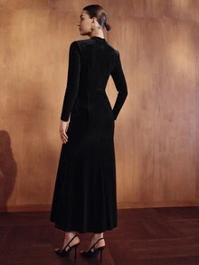MOTF PREMIUM WOMEN'S SOLID COLOR CONTRAST LACE LONG SLEEVE ELEGANT DRESS - Black - View 4