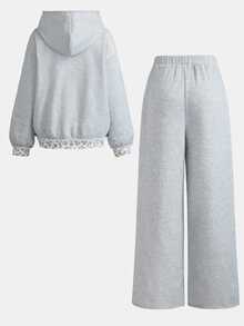 SHEIN 青少年女孩連帽衛衣與運動衫套裝，秋冬灰色拼接豹紋休閒極簡寬鬆加厚連帽衛衣 + 寬腿運動長褲 2 件套，適合秋冬日常、街頭、旅行、休閒、嘻哈與 Y2K 風格 - 灰色 - 查看 2