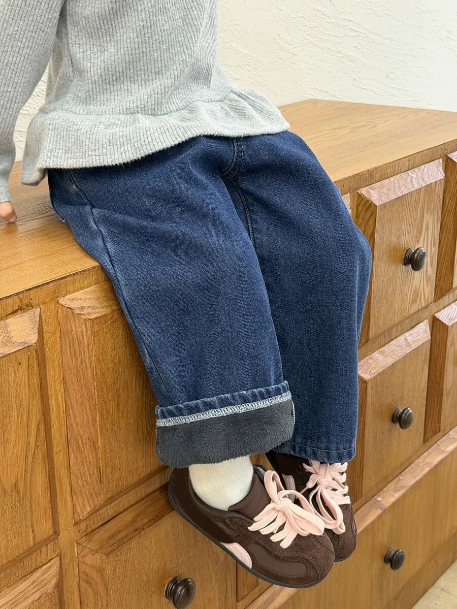 Dazy Kids Baby Girl Elastic Waist Wide Leg Loose Casual Versatile Denim Jeans - Blue - View 1
