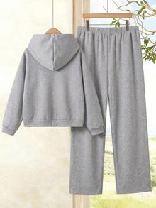 Rosumi Plus Size Women Solid Color Long Sleeve Hoodie And Sweatpants Casual 2 Pieces Set - Light Grey - View 2