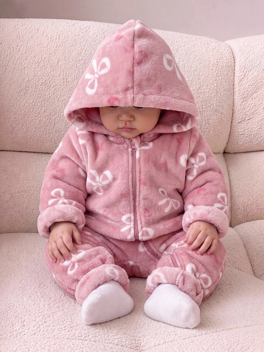 Cozy Pixies 女嬰休閒蝴蝶結圖案毛絨連帽連身衣 長袖拉鍊連身褲 抓絨連身衣 一件式套裝 嬰兒幼兒冬季衣物 - 彩色 - 查看 1