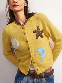 Bohemela Women's Starfish & Shell Decor Casual Everyday Sweater - Yellow - View 5
