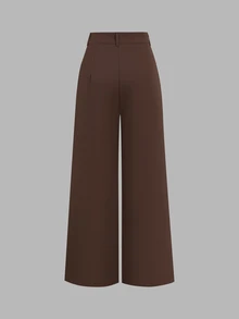 Sweetra Colorblock Long Sleeve 2 In 1 Bandeau Blouse & Loose Straight Leg Pants, Elegant Commute Office Women's Suit Two Pieces Set, Spring/Autumn - Brown - View 6