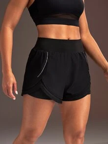 Powerista Women's Elastic Waist Double Layer Sports Shorts - Black - View 3