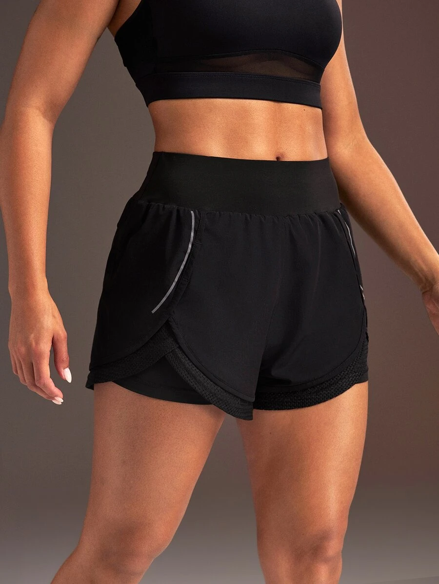 Powerista Women's Elastic Waist Double Layer Sports Shorts - Black - View 1