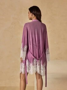 HautHeat Women's Contrast Lace Cuff Robe And Camisole Nightgown Elegant Sleepwear Set - Dusty Purple - View 2