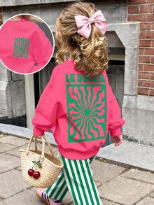 SHEIN 少女休閒復古度假風多巴胺粉字母印花軟厚長袖圓領套頭衛衣與寬腿褲套裝，適合秋冬，街頭風 - 彩色 - 查看 3