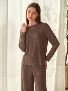 MOTF PREMIUM WOMEN'S MINIMALIST ROUND NECK LONG SLEEVE TOP AND PANTS LOUNGEWEAR SET - Coffee Brown - View 4
