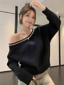 DAZY Women's Solid Color Asymmetrical Shoulder Faux Pearl Decor Casual Daily Wear Sweater - Black - View 4
