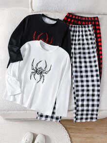SHEIN 青少年男孩蜘蛛圖案長袖上衣與格紋長褲居家服 4件套 - 彩色 - 查看 1