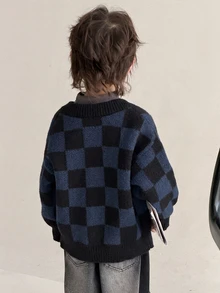 Dazy Kids 小男孩時尚街頭風格格紋落肩寬鬆開襟針織外套，秋冬款 - 藏蓝色 - 查看 5