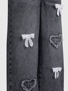 SHEIN Denimly 青少年女孩寬鬆淺藍色牛仔褲，寬腿彈性腰頭愛心刺繡長褲，水藍色，秋季，可愛，校園，開學季 - 黑色 - 查看 4