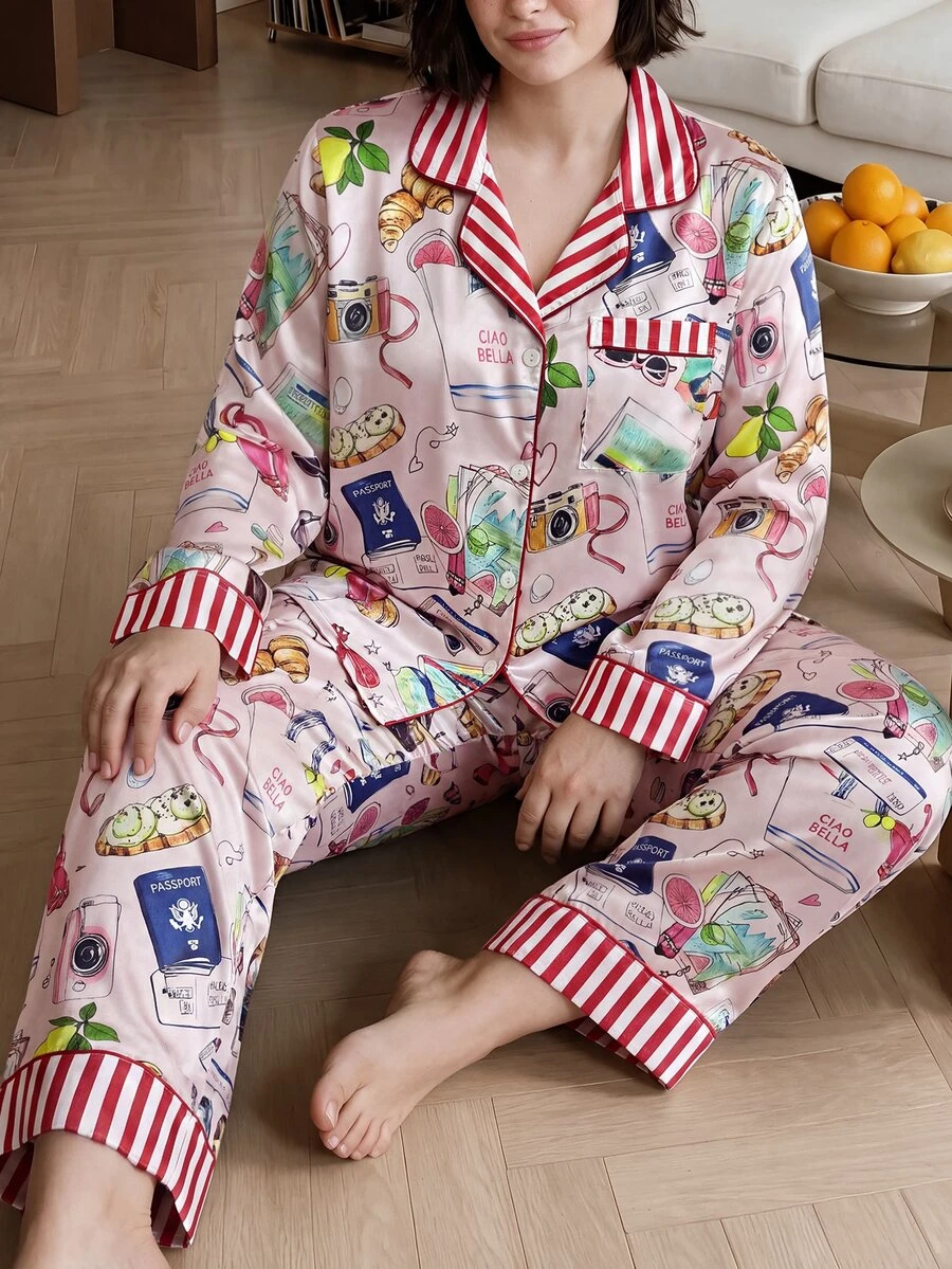 Chillnights Plus Size Cartoon Print Top And Pants Pajama Set - Multicolor - View 1