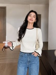 Yumoku Women's Color Block Round Neck Bell Sleeve Casual Sweater - Apricot - View 5