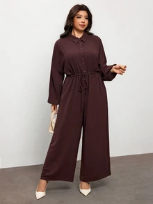 Enliva Plus Size Collared Drawstring Waist Wide Leg Jumpsuit Apple Homewear Going Out Corset Retro - Brown - View 5