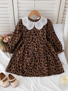 SHEIN 1pc Girls' Autumn New Fresh Style Loose Fit Long Sleeve Dress With Elastic Cuffs, Exquisite Collar, Back Opening Design, Casual Versatile Leopard - Brown - View 5