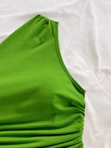Soleia Women's Cotton Asymmetrical Hem One-Shoulder Top For Summer Vacation - Green - View 6
