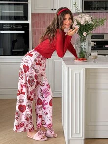 SweetSlumber Bộ đồ ngủ nữ phong cách INS vintage gồm áo len dệt kim cài nút họa tiết nơ và trái tim ngọt ngào cùng quần pijama vải dệt dáng rộng - Nhiều màu - Xem 4
