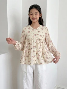 Dazy Kids 圓領可愛花卉長袖秋季甜美女孩（大號）上衣 - 黃色 - 查看 1