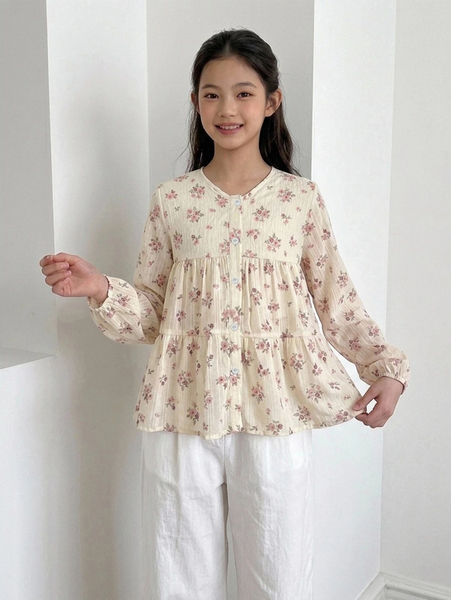 Dazy Kids 圓領可愛花卉長袖秋季甜美女孩（大號）上衣 - 黃色 - 查看 1