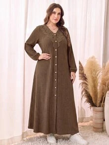 Lacomfia 大尺碼女款羅紋刷毛長袖洋裝，休閒女裝洋裝 - 咖啡棕 - 查看 4