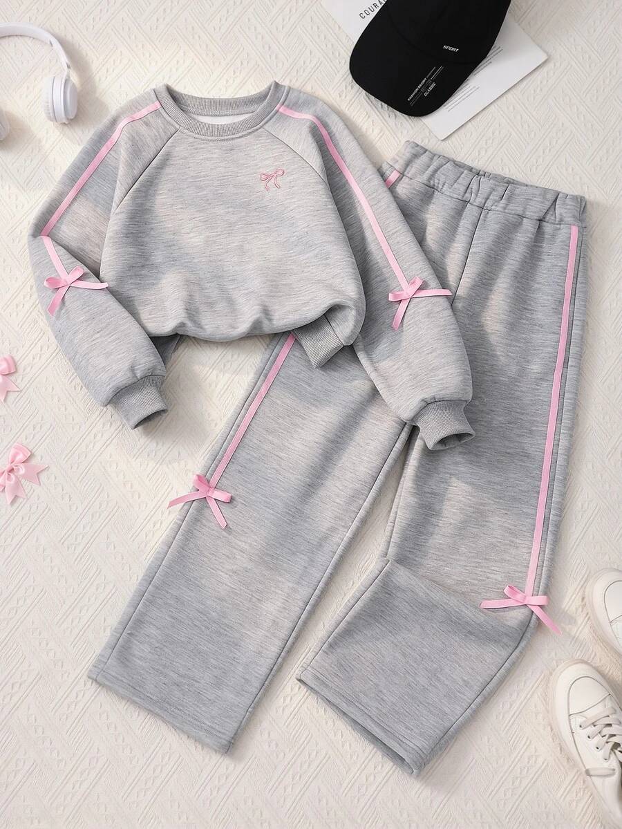 SHEIN 青少年女孩抓絨秋季套裝 2件/組圓領衛衣套裝,綠色與粉色,秋季,可愛,校園,假期穿搭 - 灰色 - 查看 1