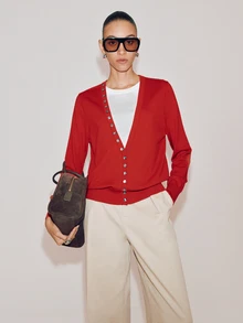 Anewsta Essential Women Elegant Fake Two Pieces Patchwork V Neck Knit Pullover Cardigan, Asymmetrical Diagonal Button Long Sleeve Knitwear, Autumn Winter Christmas & Bla - Red - View 5