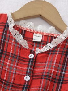 DAZY Đầm thường ngày cho bé gái họa tiết kẻ caro đỏ viền ren, xuân/thu - Đỏ - Xem 3