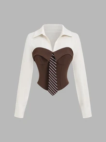 Sweetra Colorblock Long Sleeve 2 In 1 Bandeau Blouse & Loose Straight Leg Pants, Elegant Commute Office Women's Suit Two Pieces Set, Spring/Autumn - Brown - View 3