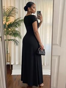 SHEIN Lady CURVE 大尺碼優雅蕾絲拼接洋裝，適合雞尾酒會、跨年派對、晚宴等場合 - 黑色 - 查看 3