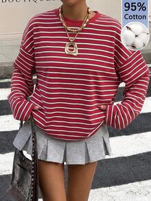 Muchica 女款 95% 棉休閒極簡條紋圓領長袖寬鬆 T 恤，適合夏季 - 彩色 - 查看 7