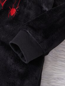男童蜘蛛網與懸掛蜘蛛刺繡法蘭絨連身居家服，保暖舒適面料，適合秋冬居家休閒、假日派對與家庭穿搭 - 黑色 - 查看 5