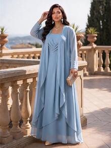 SHEIN Lady فستان ورداء نسائي مقاس كبير مزين بالراين ستون مطوي كاجوال رومانسي أنيق طقم من قطعتين رسمي للزفاف وحفلات الخريف الفاخرة وحفلات التخرج - الأزرق - مشاهدة 3