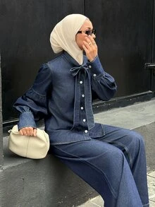 DAZY Women's Tie Neck Long Sleeve Shirt And Long Pants Casual Denim Set - Blue - View 6