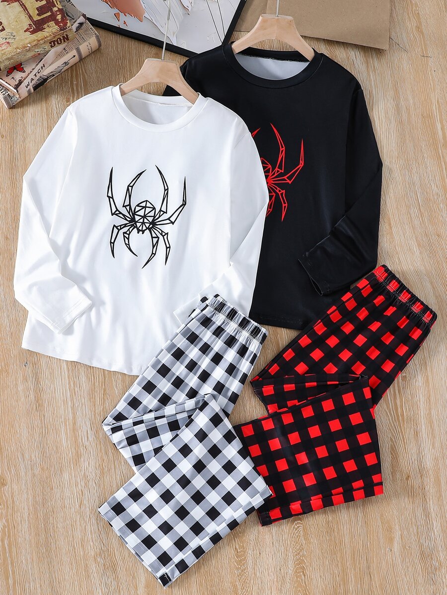 SHEIN Tween Boy Spider Print Kids Long Sleeve Top And Plaid Pants Loungewear 4pcs -Piece Set - Multicolor - View 1