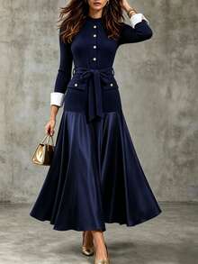 Breezaya Women's Luxury Business Style Button Ribbed Dress - Royal Blue - View 5