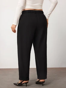 Enliva Women Plus Size Linen-Blend Trousers, High-Waisted Relaxed Straight-Leg Pants With Front Pleats, Elastic Back Waist And Cuffed Hem, Fall/Winter Pant - Black - View 2