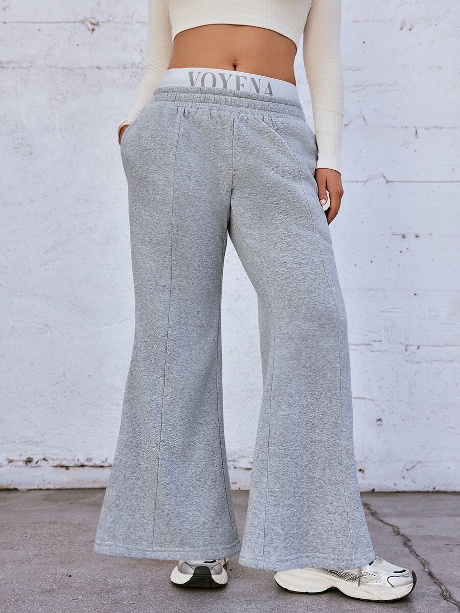 Voyena Plus Size Women's Grey Sports Pants With Pockets, Elastic Waistband, English Letter Print Flare Leg Winter - Grey - View 1