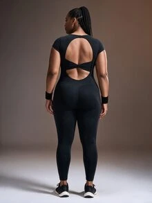 Powerista One Piece Jumpsuit For Women Square Neck Short Sleeve Backless Bodysuit Tummy Control Butt Lifting Seamless Workout Leggings Fall Halloween Black Plus - Black - View 2