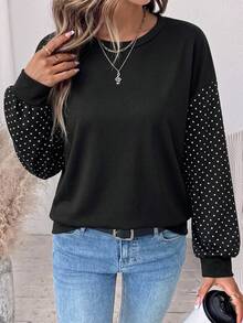 SHEIN LUNE Women's Polka Dot Patchwork Casual Daily Long Sleeve Sweatshirt - White - View 7